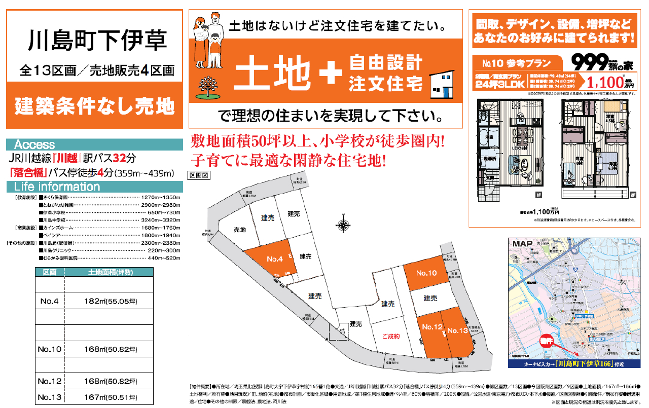 比企郡川島町下伊草　建築条件無し売地　全１３区画　No.４