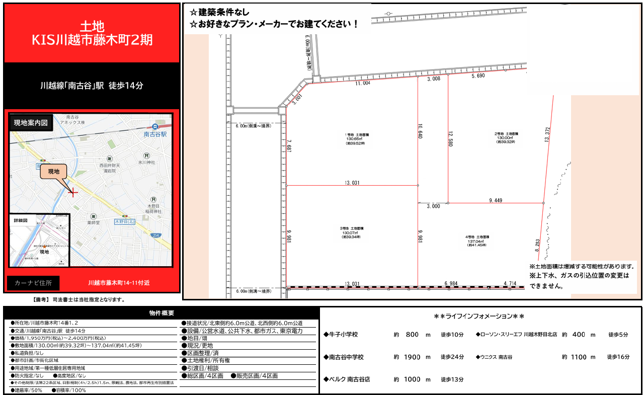 川越市藤木町２期　建築条件無し売地　全４区画　１号地