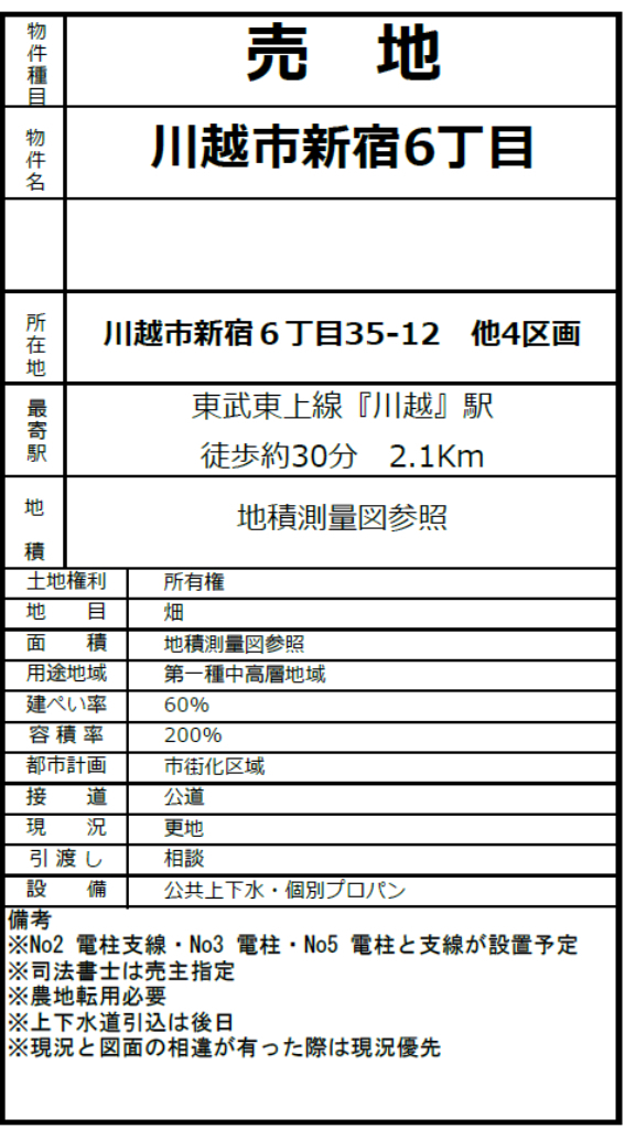 川越市新宿町６丁目　建築条件無し売地　全５区画　仲介手数料無料土地！_画像2