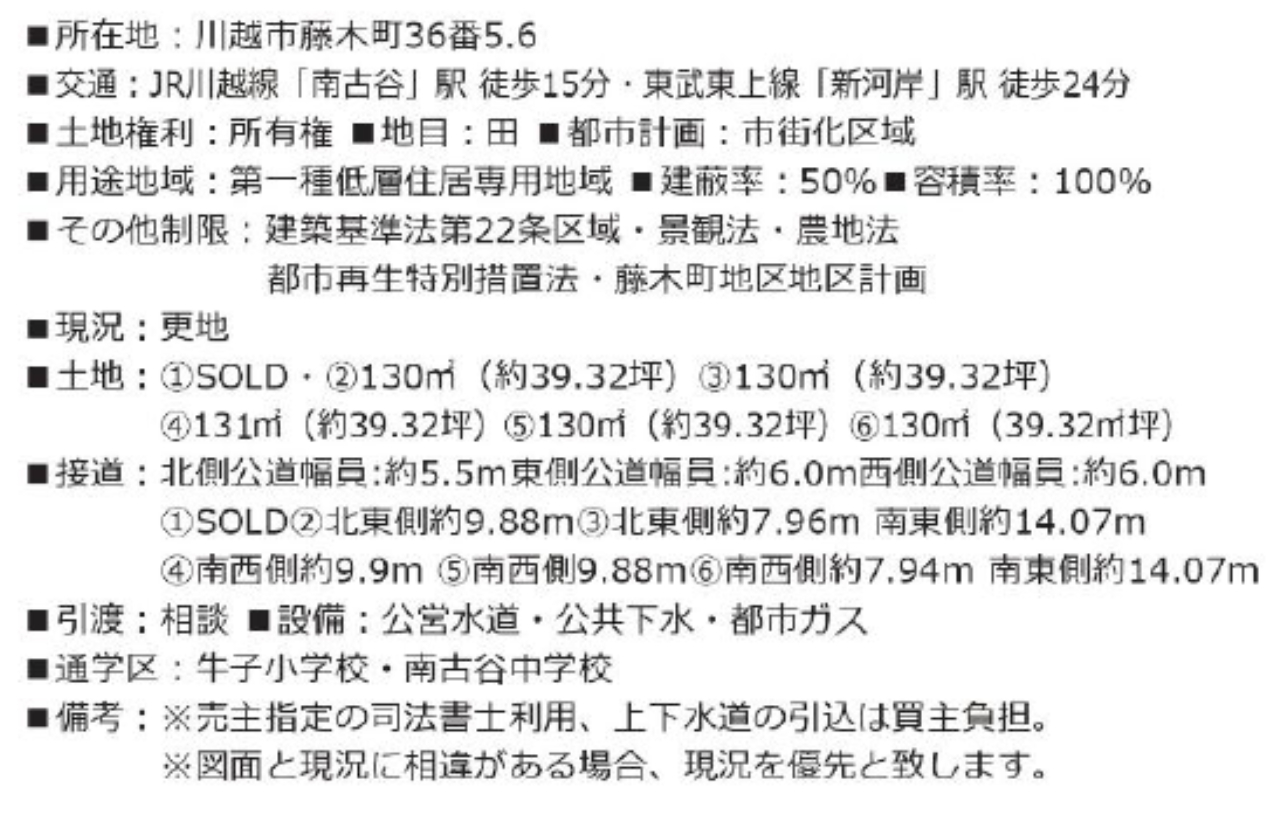 川越市藤木町　建築条件無し売地　全６区画　仲介手数料無料土地！_画像2