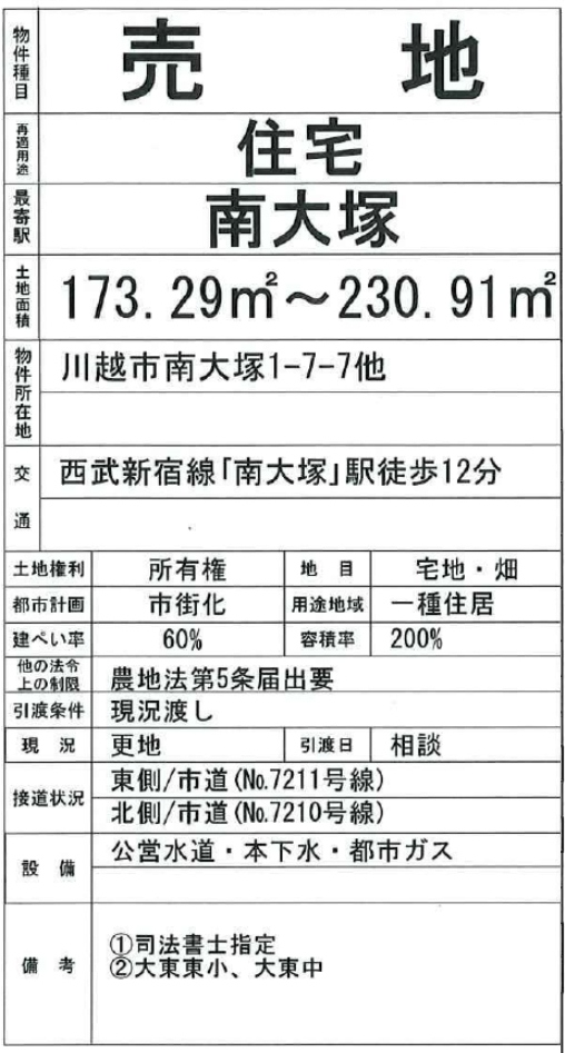 川越市南大塚１丁目　建築条件無し売地　全２区画_画像2