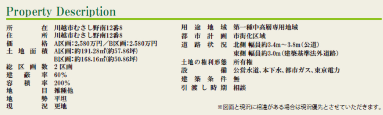 川越市むさし野南　建築条件無し売地　全２区画　仲介手数料無料土地！_画像2