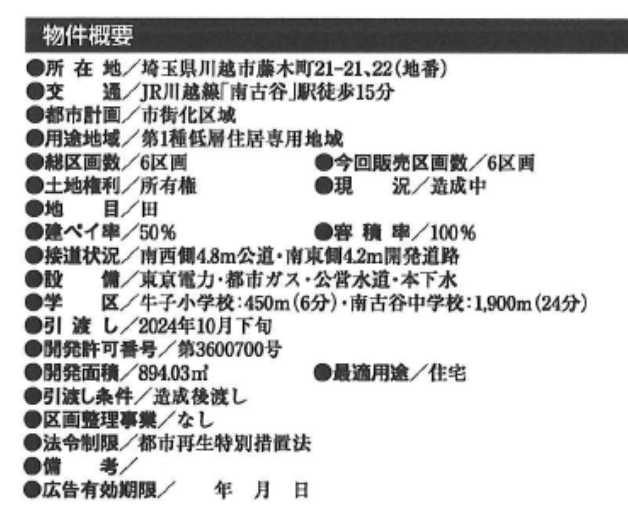 川越市藤木　建築条件無し売地　全６区画　仲介手数料無料土地！_画像2