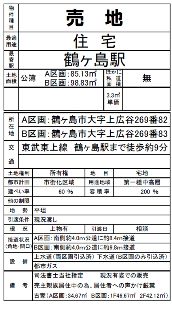 鶴ヶ島市上広谷　建築条件無し売地　全２区画　B区画_画像2