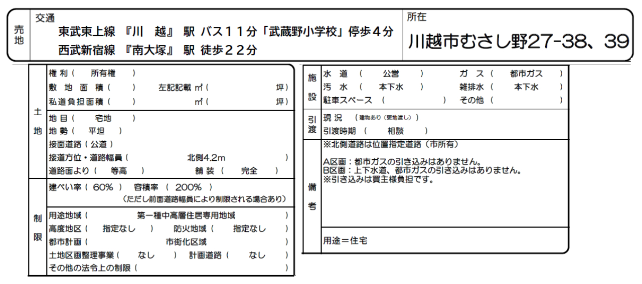 川越市むさし野　建築条件無し売地　全２区画　仲介手数料無料土地！_画像2