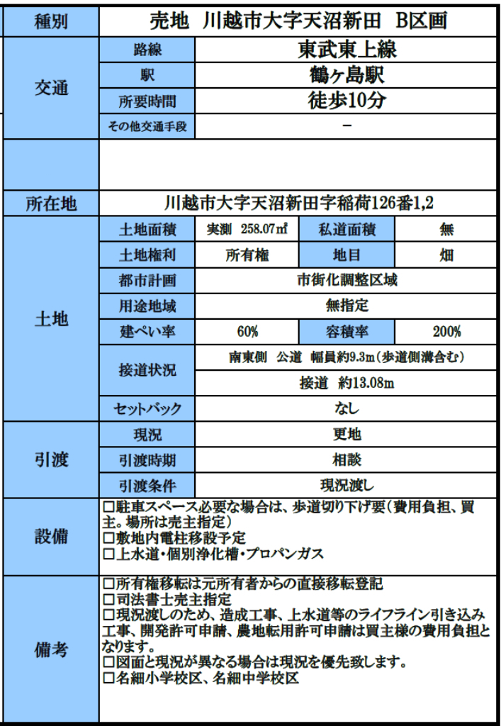 川越市天沼新田　建築条件無し売地　全２区画　仲介手数料無料土地！_画像2